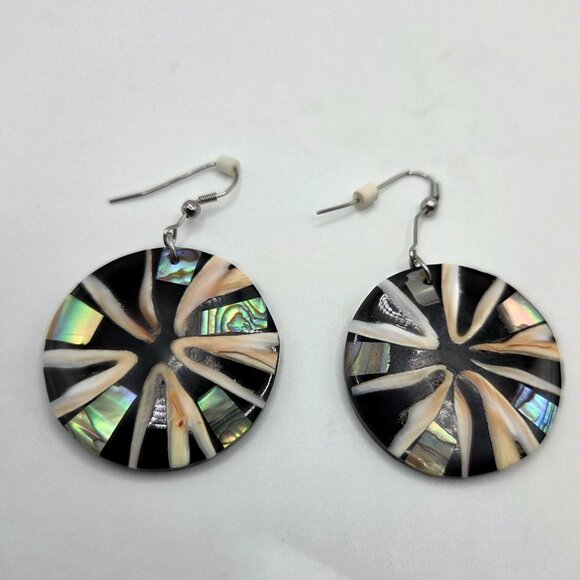 Natural Abalone Mother of Pearl & Cone Shell Earrings Tropical Beachy Round Disc - Picture 2 of 3